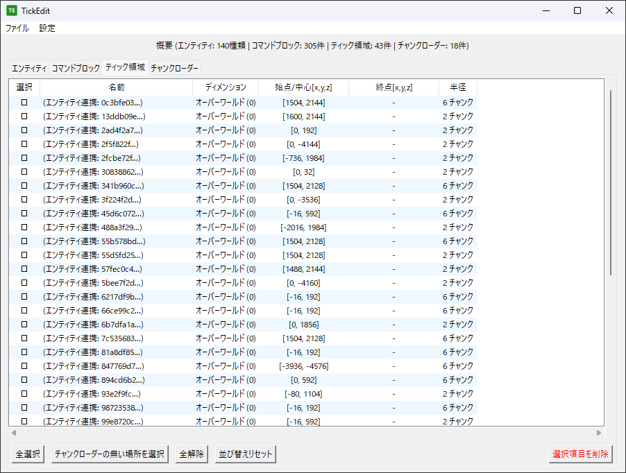 ティック領域 タブの操作画面